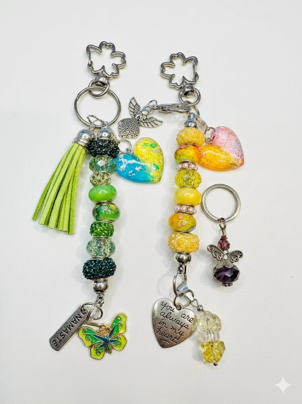 Handmade Green & Yellow Beaded Heart Keychain/Bagcharm Set